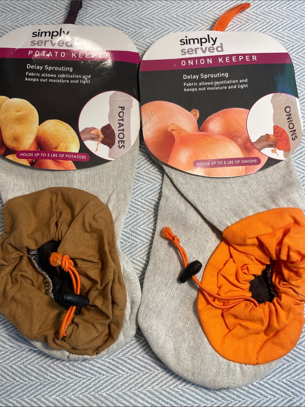 Simply Served Potato & Onion Keepers — Brown and Orange Drawstring Bags